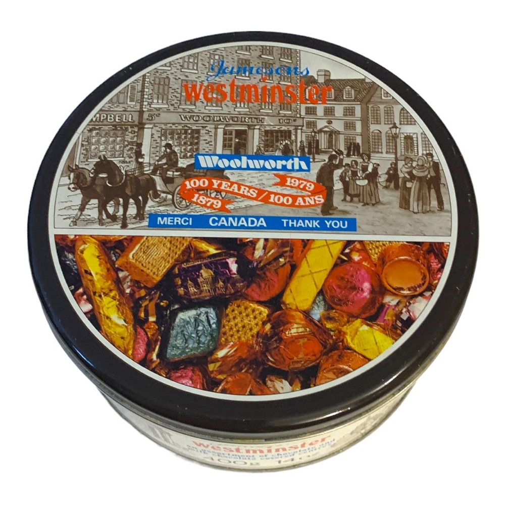 VTG Jamesons Westminster Woolworth 100 Years Canada Collectible Metal Tin